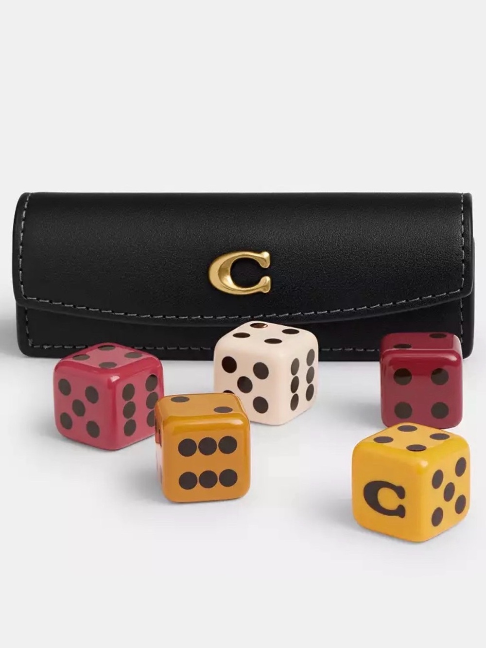 Coach Boxed Dice Set & Pouch Case in Black Glovetanned Leather & Multi Resin NWT